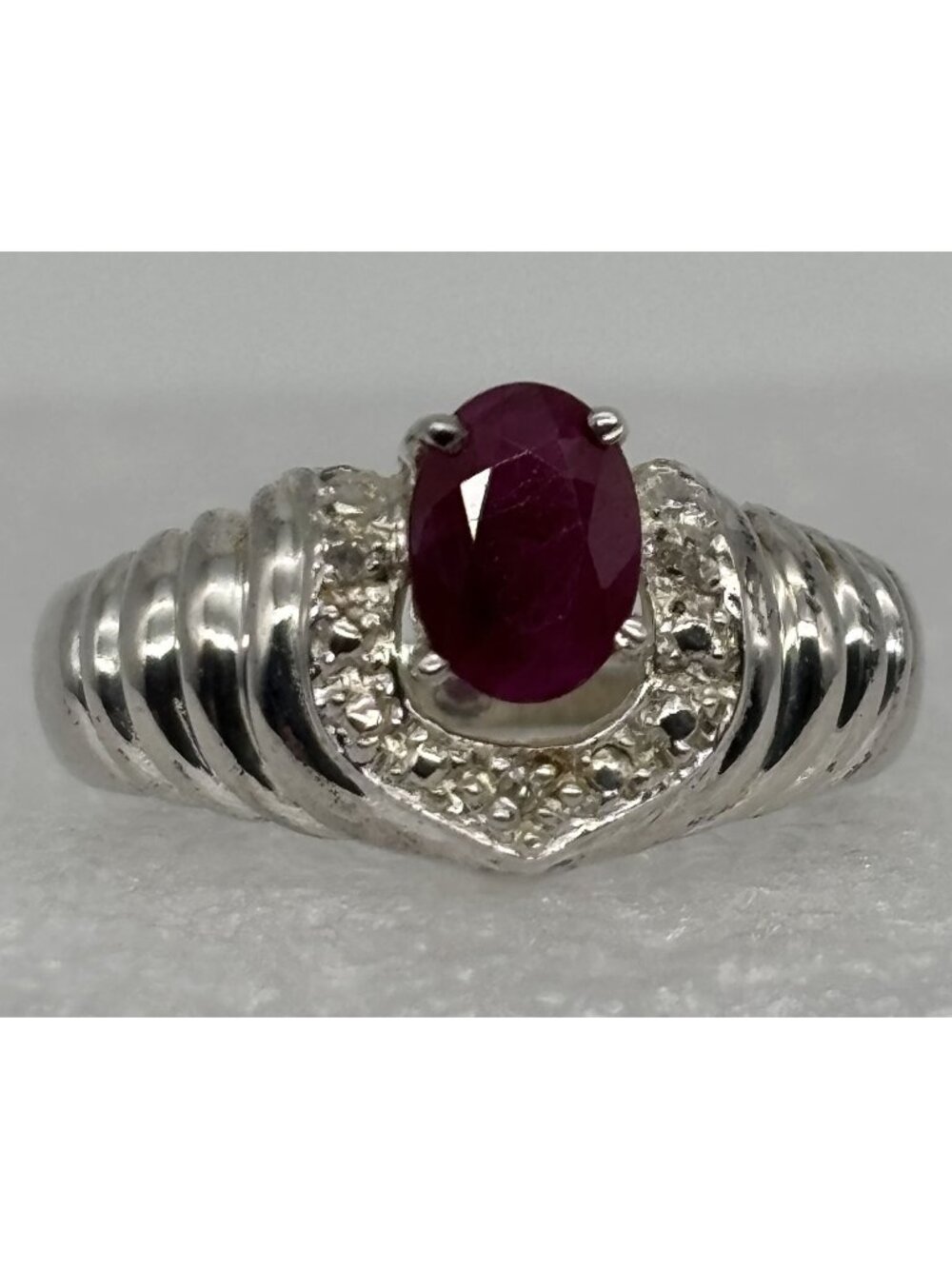 Quintessence Jewelry Ring of Sterling Silver 925 Oval Ruby Halo Prong Set Signed
